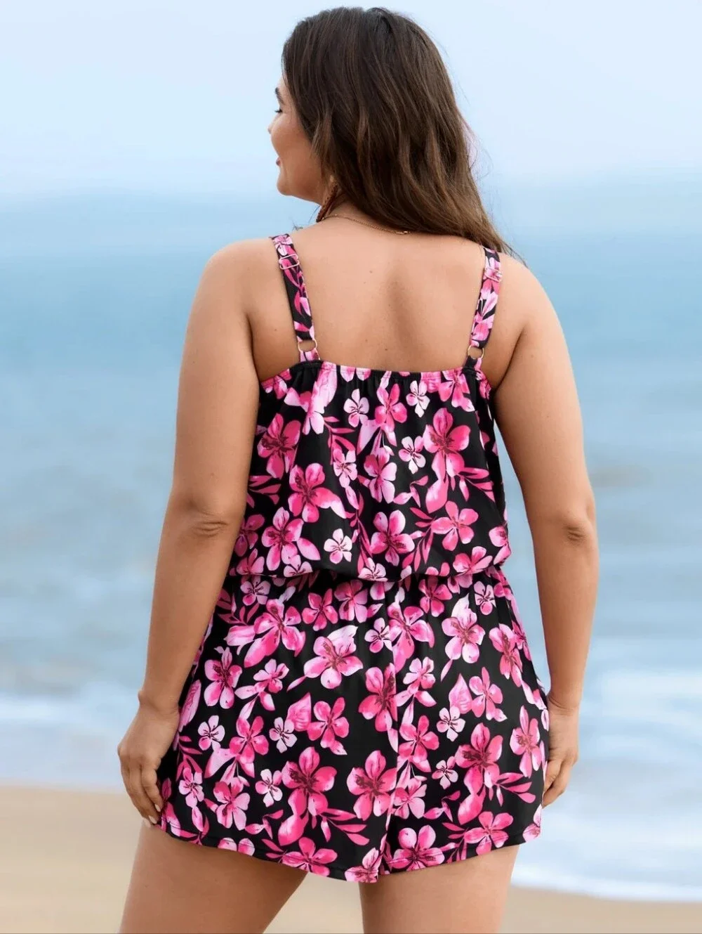 BloomChic Pink & Black Floral One Piece Suimsuit Romper Size 14/16 1X